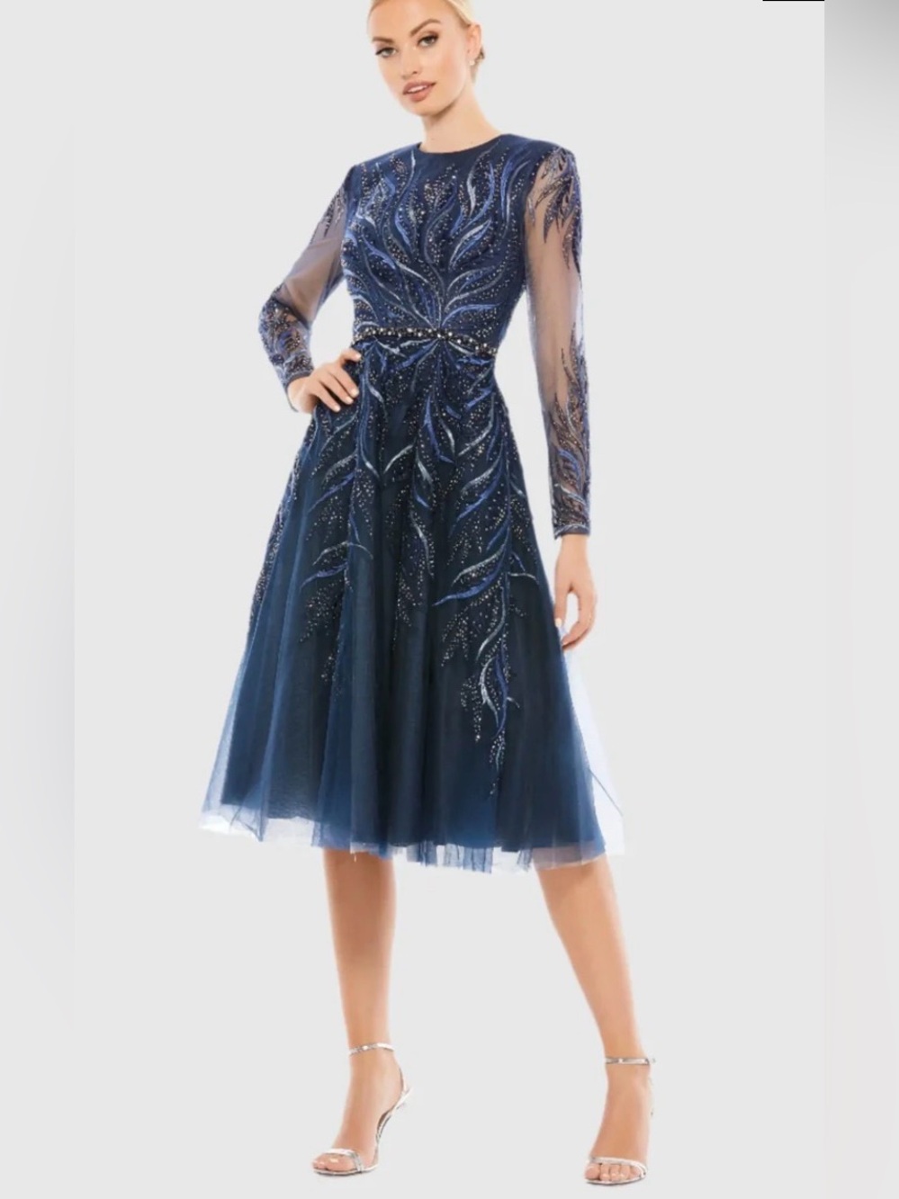 Mac Duggal Embellished Tea Length Illusion Cocktail Dress Navy 2 4 $498 A11136